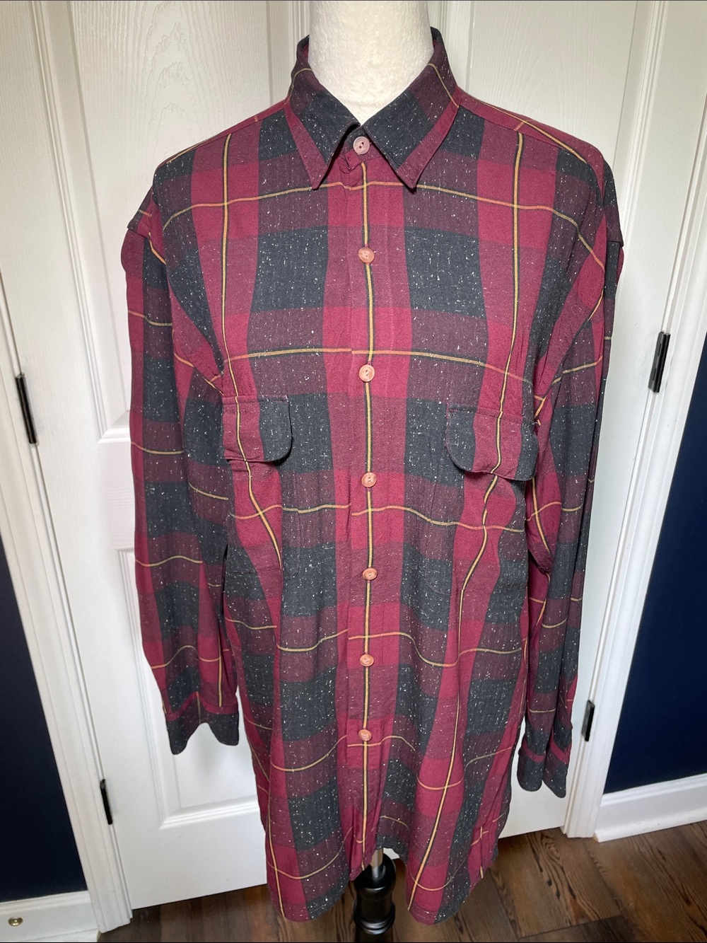 Vintage‎ Burma Bibas Casual Button-Down Plaid Shirt Burgundy/Charcoal Size Small
